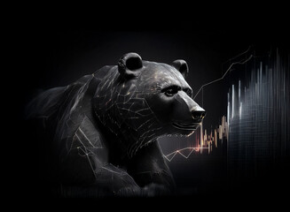 Aufkleber - A powerful black bear, rendered in a low-poly style, is positioned against a backdrop of dynamic financial charts, symbolizing market volatility and bearish trends.