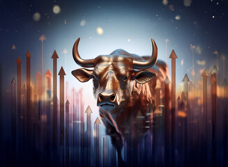 Poster - A bronze bull, symbol of financial growth, stands proudly amidst a backdrop of soaring upward arrows and a city skyline, suggesting economic prosperity and market bullishness.