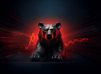 Aufkleber - A powerful black bear statue dominates a dark scene, illuminated by red, dynamic stock market graphs suggesting a bearish market trend.  The image evokes feelings of financial downturn and market vola