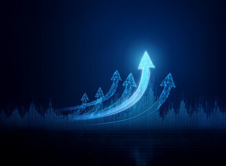 Leinwandbilder - Glowing blue arrows ascend, symbolizing growth and progress over a dark, data-filled background.  The upward trajectory represents success and positive momentum.