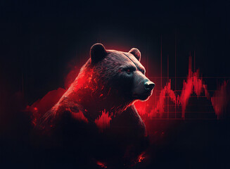 Aufkleber - Fiery red glow illuminates a powerful bear, set against a backdrop of a downward-trending financial chart.  Symbolising market downturn and bearish trends.