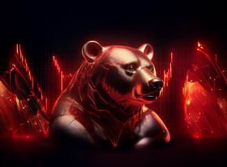 Aufkleber - A majestic bronze bear statue, glowing red, is set against a backdrop of dynamic, fiery stock market charts, symbolizing bearish market trends.