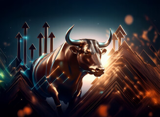 Poster - A powerful bronze bull, symbol of financial growth, stands amidst upward-pointing arrows and a shimmering, geometric backdrop.  The image suggests prosperity and market success.
