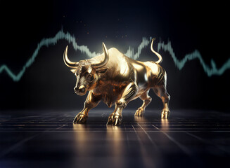 Poster - A majestic golden bull, symbol of financial prosperity, stands poised against a backdrop of dynamic stock market charts.  Its powerful stance conveys strength and upward trends.