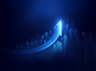 Poster - A glowing blue arrow ascends, symbolizing growth and progress, surrounded by smaller arrows pointing upwards in a dark blue background.  The image conveys a sense of positive momentum and achievement.
