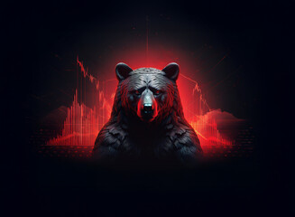 Aufkleber - A dark, imposing bear statue is illuminated by a red, glowing background featuring a dynamic graph.  The image evokes themes of power, market trends, and financial uncertainty.