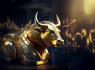 Aufkleber - A majestic golden bull statue, symbol of financial strength and prosperity, is set against a dynamic backdrop of glowing stock market charts.  The image evokes themes of wealth, success, and investmen