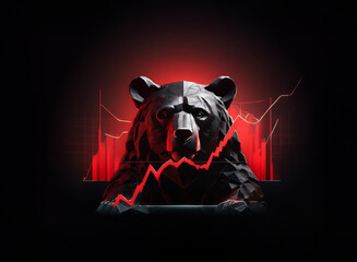 Leinwandbilder - A dark, low-poly bear statue emerges from shadow, set against a backdrop of falling red stock market graphs.  It symbolizes market downturn and bearish trends.