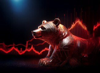 Poster - A bronze bear statue, rendered in a low-poly style, sits before a dramatic red stock market graph depicting a downturn.  The scene is dark and moody, highlighting the bearish market trend.