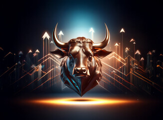 Poster - A bronze bull's head, symbol of financial growth, is showcased against a backdrop of glowing upward arrows, representing market bullishness and investment success.