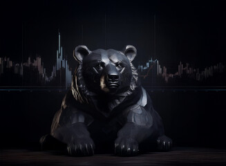 Aufkleber - A dark, metallic bear statue sits majestically before a stock market chart depicting a downturn, symbolizing a bearish market trend.