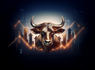 Aufkleber - A bronze bull's head, symbol of financial strength, is powerfully presented against a backdrop of upward trending graphs, glowing with an orange light.  The dark background adds to the image's intensi