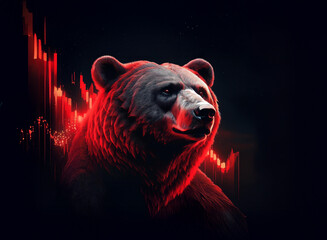 Leinwandbilder - A powerful bear, illuminated in red, stands against a backdrop of a falling stock market graph, symbolizing a bearish market trend.