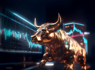 Aufkleber - A golden bull, symbol of financial prosperity, charges forward against a backdrop of dynamic stock market charts, showcasing growth and investment.