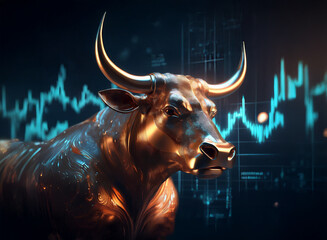 Poster - A majestic golden bull, symbol of financial strength, stands majestically against a backdrop of dynamic stock market graphs.  Its powerful presence conveys market bullishness and economic growth.