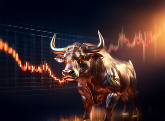 Aufkleber - A bronze bull statue stands majestically before a dynamic stock market graph, symbolizing financial strength and market trends.  The scene is dark and dramatic, highlighting the power of the bull in t