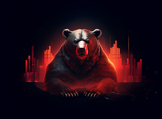 Aufkleber - A powerful black bear dominates the foreground, illuminated by vibrant red and orange light bars suggestive of a financial chart in the background.  The image conveys power and intensity.