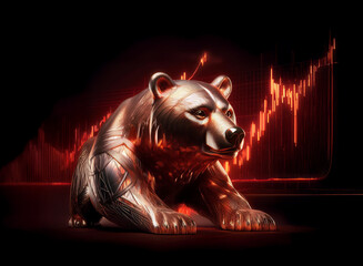 Aufkleber - A metallic bronze bear statue, illuminated, sits before a fiery red stock market graph depicting a downturn.  The image symbolizes bearish market trends and financial decline.