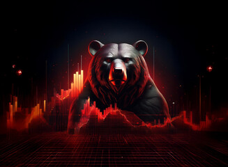 Leinwandbilder - A menacing black bear dominates a fiery, red stock market graph, symbolizing bearish market trends and financial instability.