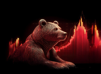 Aufkleber - A majestic brown bear, rendered in a stylized, almost sculptural manner, rests before a dynamic, fiery red stock market graph depicting a downturn.  The dark background emphasizes the intensity of the