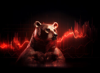 Leinwandbilder - A bronze bear statue sits majestically against a backdrop of a fiery red stock market graph, symbolizing a bearish market trend.  The image conveys financial downturn and market volatility.