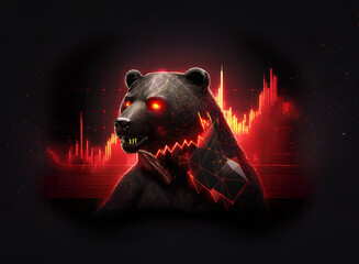 Aufkleber - Fierce black bear with glowing red eyes, holding a cracked digital axe, set against a backdrop of a falling red stock market graph.  Symbol of market downturn.