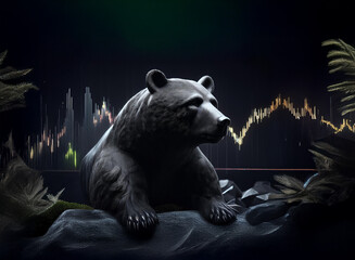 Aufkleber - A dark, stylized bear statue sits amidst rocks and tropical leaves, set against a backdrop of a candlestick chart depicting a bearish market trend.  The scene is moody and evocative of financial uncer