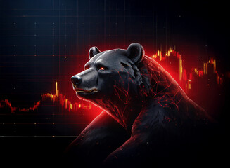 Aufkleber - A menacing black bear, rendered in a digital style, glows with red energy against a backdrop of a falling stock market graph.  The image symbolizes market downturn and financial risk.