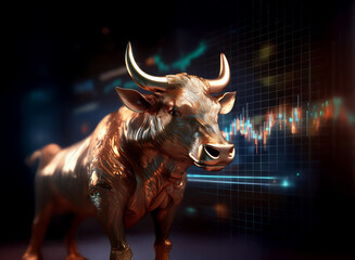 Aufkleber - A bronze bull statue stands majestically against a backdrop of dynamic stock market charts, symbolizing financial growth and strength.