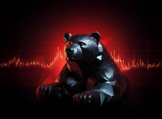 Aufkleber - A low-poly black bear sits majestically against a backdrop of fiery red stock market graphs, symbolizing financial trends and market volatility.