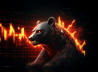 Aufkleber - Fiery, obsidian bear, symbol of market downturn, glows intensely against a backdrop of dynamic stock market charts.  Its glowing eyes and sharp teeth highlight the intensity of the financial decline.