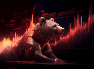 Leinwandbilder - A majestic bronze bear, rendered in a faceted, crystalline style, rests before a dramatic backdrop of fiery red stock market graphs, symbolizing a bearish market trend.
