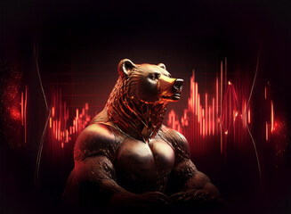 Aufkleber - A powerful bronze bear, muscular and imposing, sits amidst a dynamic red and black background of financial data charts.  The scene evokes strength, market trends, and financial power.