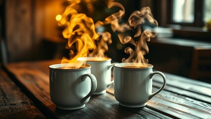 The steaming mugs of hot coffee placed on a rustic wooden table surrounded by soft warm lighting The