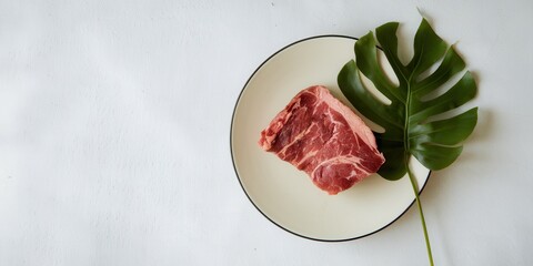 Sticker - Raw beef steak on a plate with a leaf