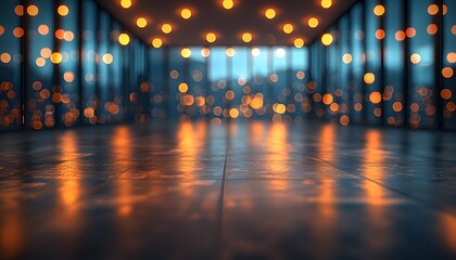 Poster - Cozy and Inviting Interior Space with Soft Bokeh of Warm Lights and Reflections, Ideal for Modern Design Projects and Contemporary Home Aesthetics