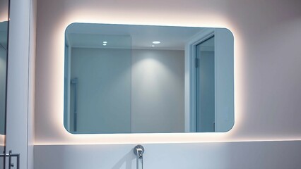 Wall Mural - A sleek modern bathroom interior design featuring a large futuristic smart mirror mounted on a polis