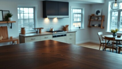 Wall Mural - A sleek dark-stained wooden countertop stretches across a spacious well-lit modern kitchen in a cozy