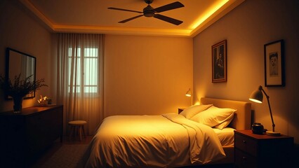 Wall Mural - A serene bedroom design bathed in soft warm and comforting mood lighting featuring a minimalist appr