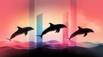 Sticker - Silhouetted dolphins leaping through vibrant waves at sunset with colorful pillars in background