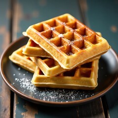 Wall Mural - Golden-brown Belgian waffles, crisp squares on rustic wood , wood, honeycomb