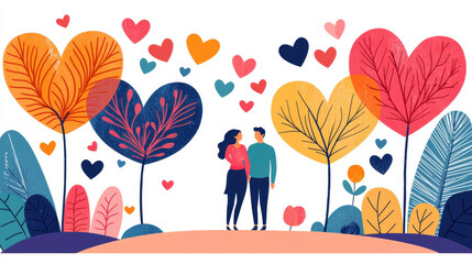 Heart shaped, A couple stands together in a vibrant, illustrated landscape filled with heart-shaped trees and colorful foliage, symbolizing love and connection.