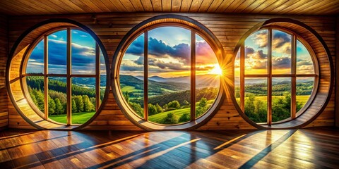 Wall Mural - Double Exposure: Sunlight Through Large Wooden Windows with Sleek Round Designs