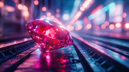 a large, faceted red gemstone resting on railroad tracks