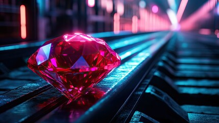 A large, faceted red gemstone resting on railroad tracks