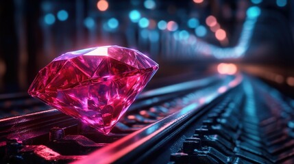 A large, faceted red gemstone resting on railroad tracks
