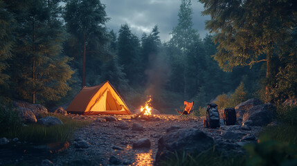 summer camp cinematic view in forest with bonfire, tent, backpack and lantern.
