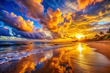 Wall Mural - Dramatic 8K Beach Sunset Wallpaper: Golden Hour Coastal Scene