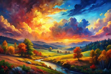 Wall Mural - Dramatic Landscape Painting, Turner Inspired Art,  Brushstrokes,  Textured Canvas, Copy Space Left