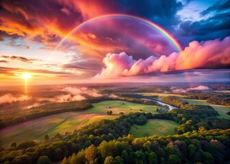 Wall Mural - Dreamy Fantasy Evening: Vibrant Rainbow & Pink Cloudscape Horizon